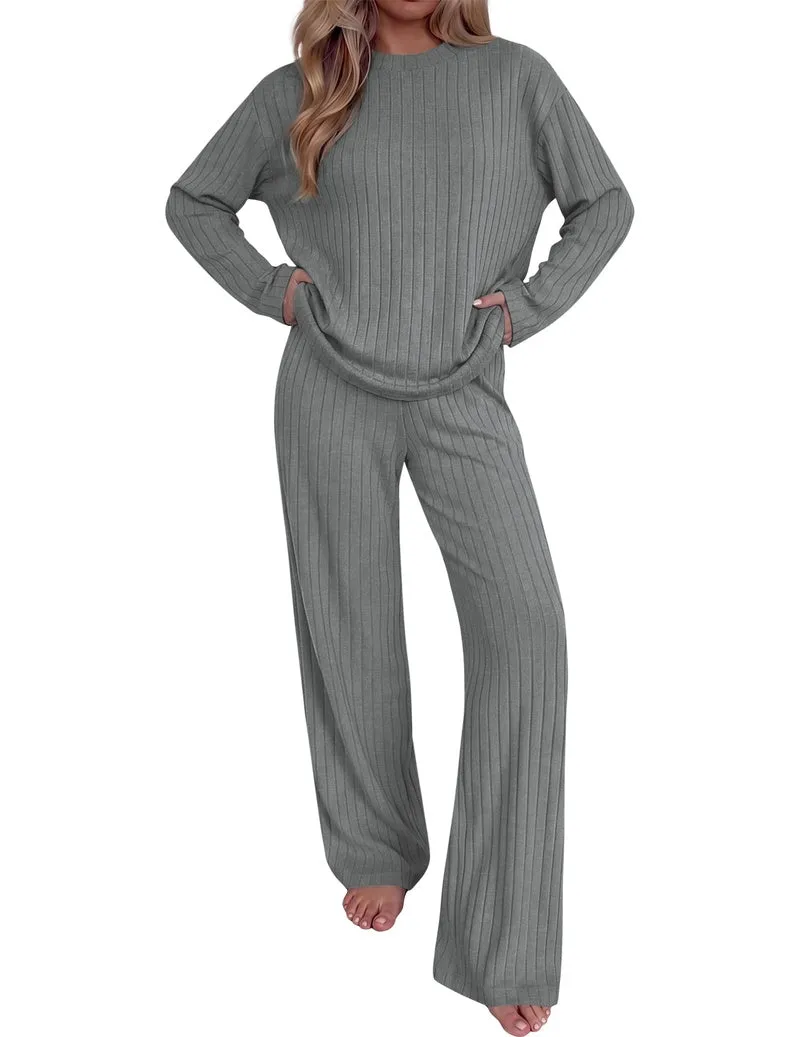 Ribbed Mock Neck Drop Shoulder Long Sleeve Top & Wide Leg Pants Set sold by Ekouaer product image thumbnail 2