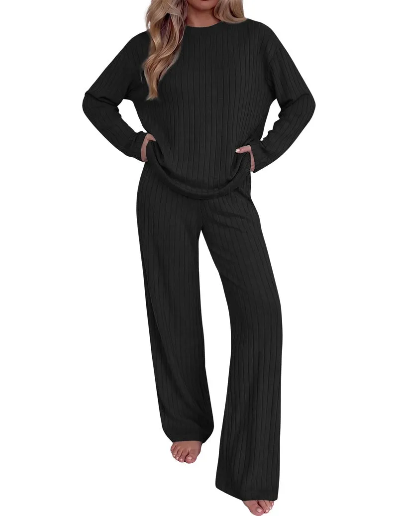 Ribbed Mock Neck Drop Shoulder Long Sleeve Top & Wide Leg Pants Set sold by Ekouaer product image thumbnail 5