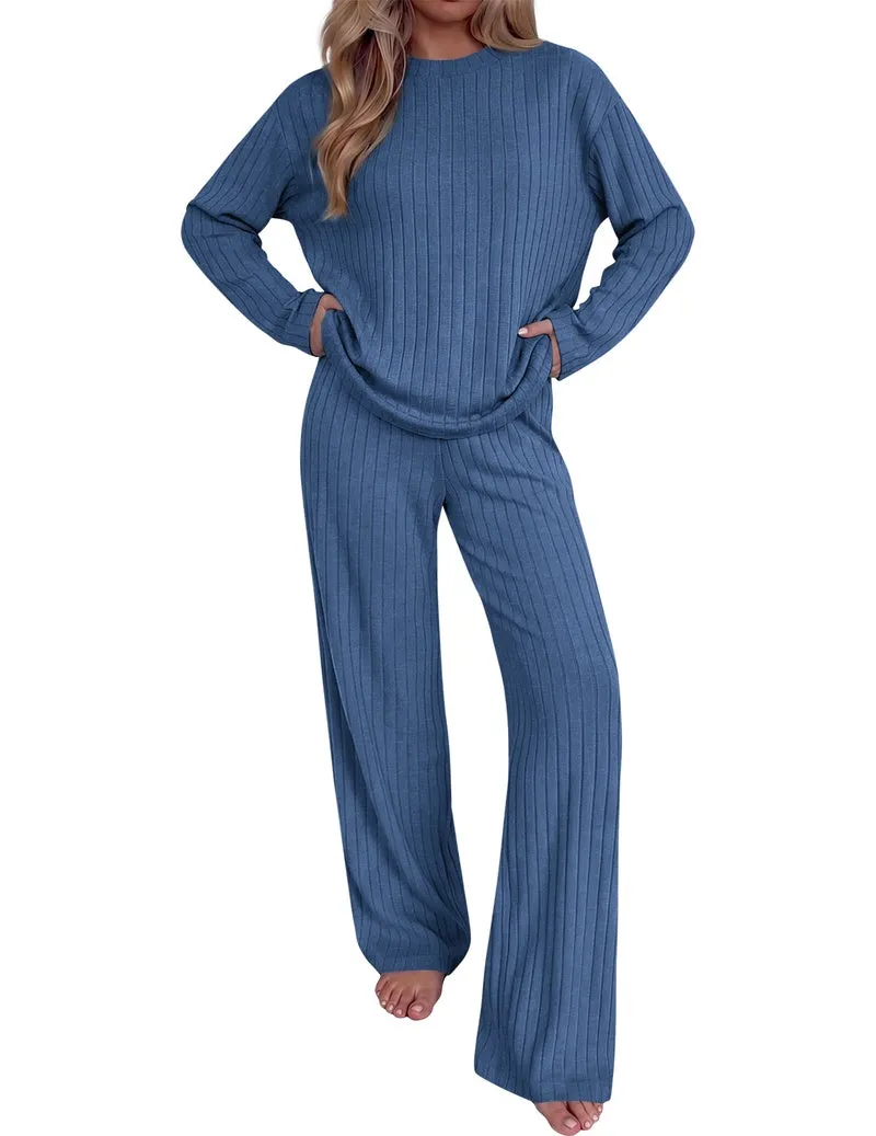Ribbed Mock Neck Drop Shoulder Long Sleeve Top & Wide Leg Pants Set sold by Ekouaer product image thumbnail 3