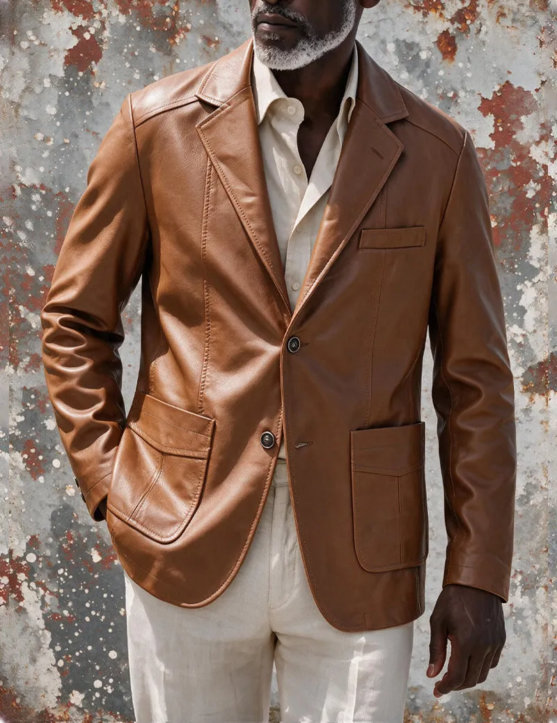 Men Faux Leather Slim Fit Notch Lapel Two-Button Blazer Jacket sold by Ekouaer product image thumbnail 2