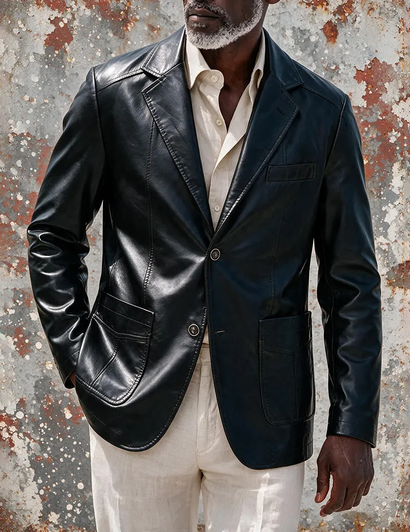 Men Faux Leather Slim Fit Notch Lapel Two-Button Blazer Jacket sold by Ekouaer product image thumbnail 3