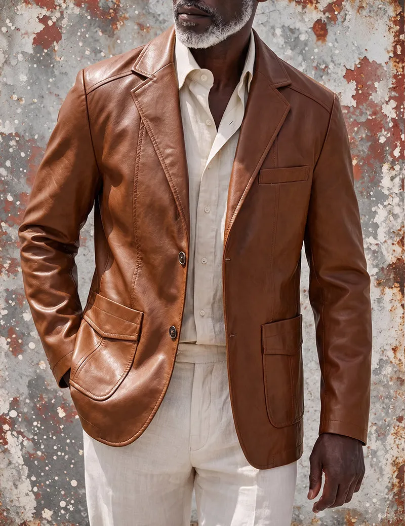 Men Faux Leather Slim Fit Notch Lapel Two-Button Blazer Jacket sold by Ekouaer product image thumbnail 5