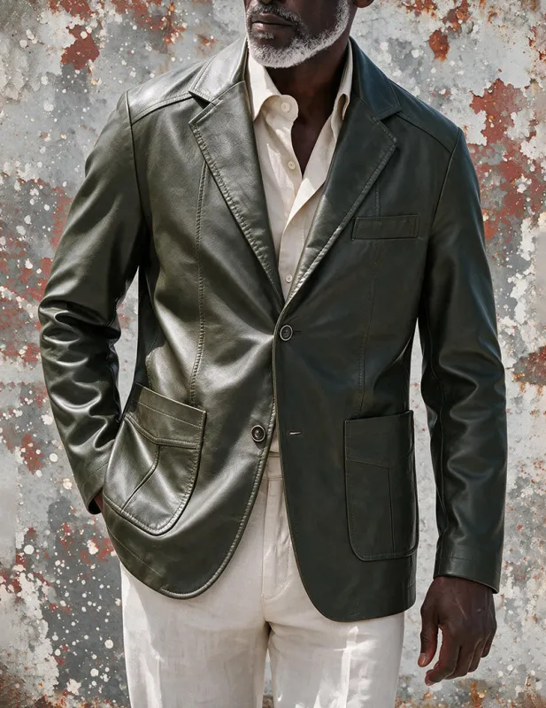 Men Faux Leather Slim Fit Notch Lapel Two-Button Blazer Jacket made by Ekouaer
