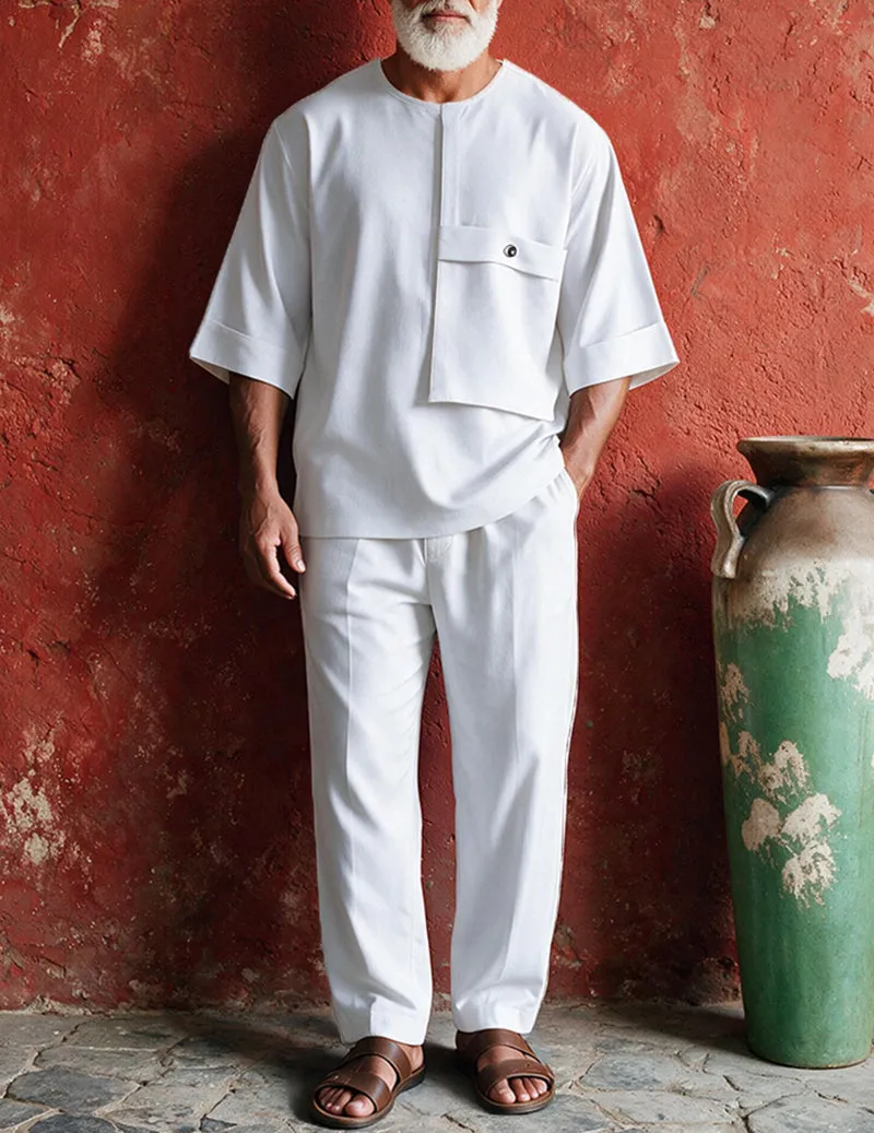 Men Round Neck Patch Pocket Two-Piece Loungewear Set sold by Ekouaer product image thumbnail 3