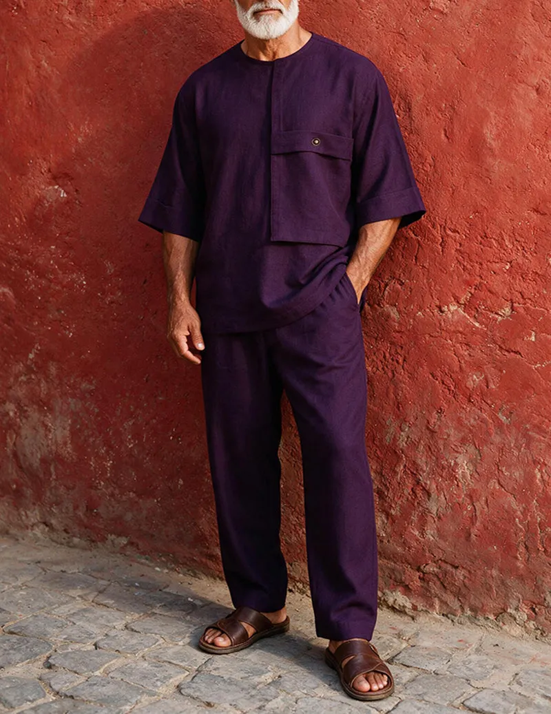 Men Round Neck Patch Pocket Two-Piece Loungewear Set sold by Ekouaer product image thumbnail 5