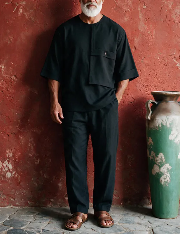 Men Round Neck Patch Pocket Two-Piece Loungewear Set made by Ekouaer