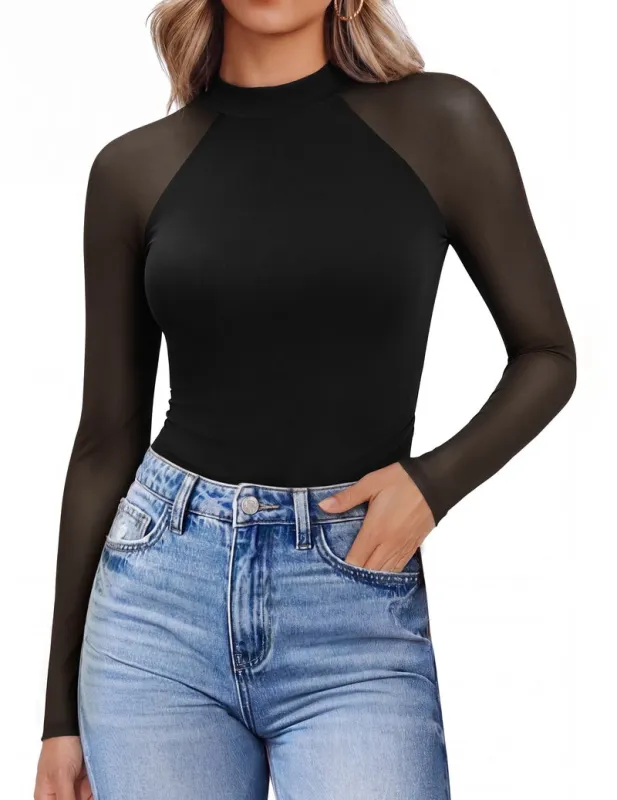 Sheer Mesh Lace Mock Turtleneck Raglan Long Sleeve Top made by Ekouaer