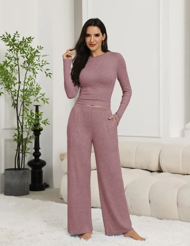 Crewneck Long Sleeve Top & Wide Leg Pants 2-Piece Lounge Set made by Ekouaer