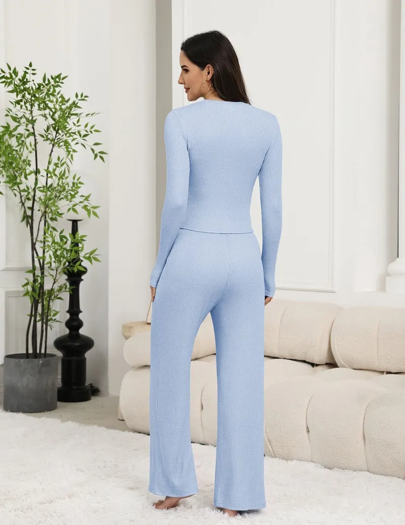 Crewneck Long Sleeve Top & Wide Leg Pants 2-Piece Lounge Set sold by Ekouaer product image thumbnail 4