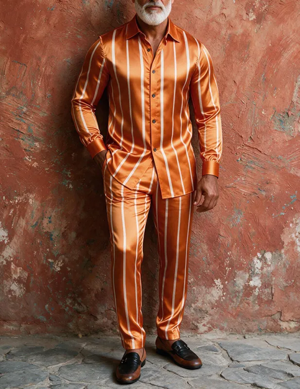 Men Satin Printed Long Sleeve Button-Down Shirt and Pants Two-Piece Suit Set made by Ekouaer