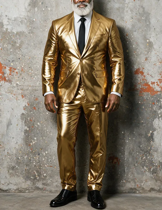 Men Metallic Shiny One-Button Notch Lapel Blazer and Pants Two-Piece Suit Set made by Ekouaer