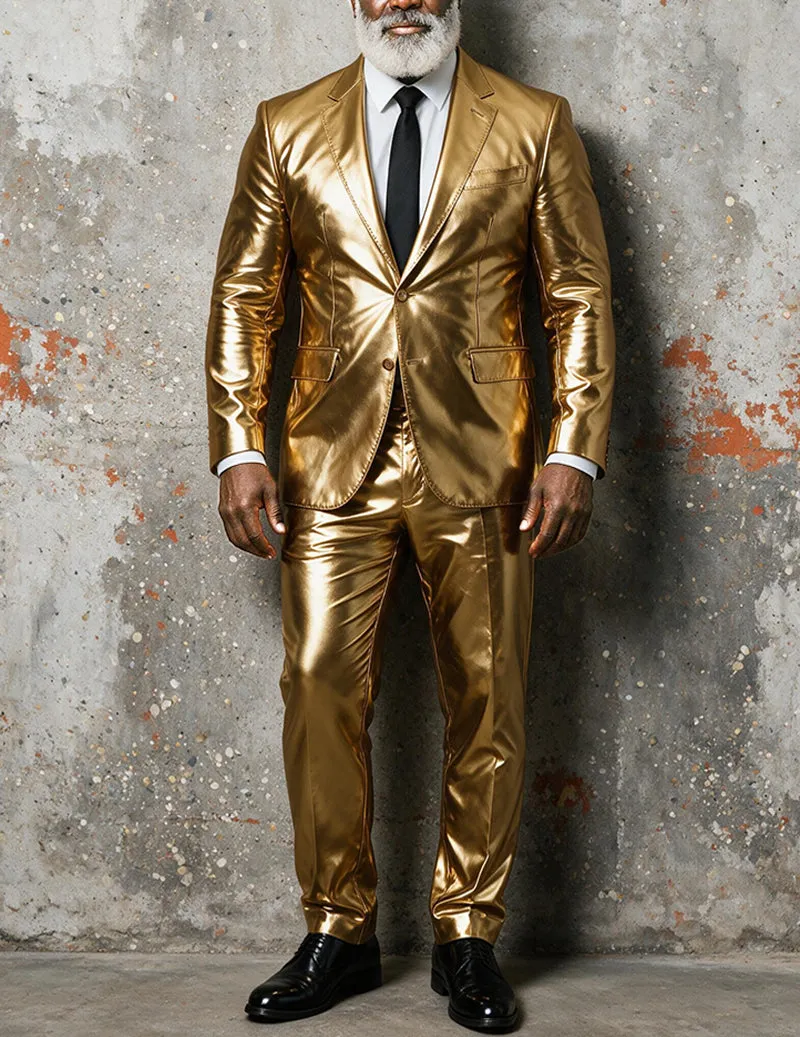 Men Metallic Shiny One-Button Notch Lapel Blazer and Pants Two-Piece Suit Set sold by Ekouaer