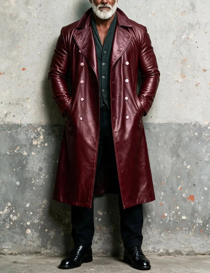 Men Faux Leather Double-Breasted Long Trench Coat Overcoat sold by Ekouaer product image thumbnail 5