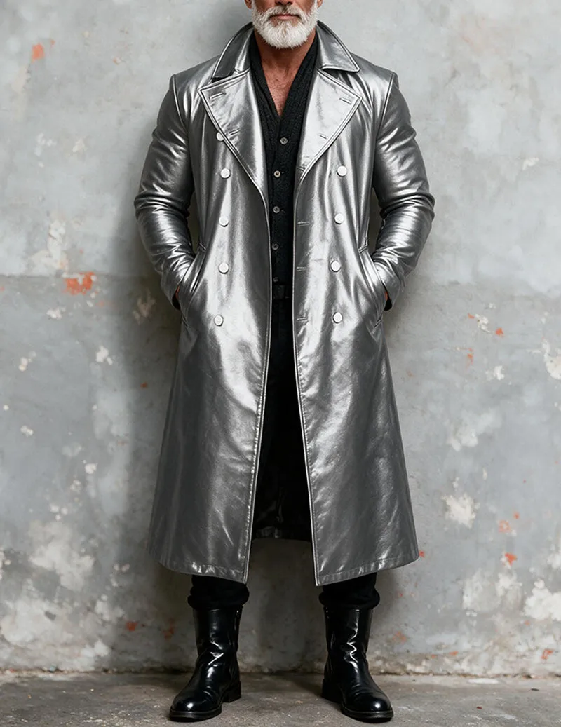 Men Faux Leather Double-Breasted Long Trench Coat Overcoat sold by Ekouaer product image thumbnail 4