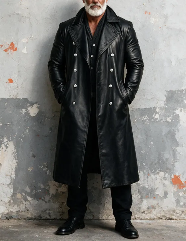 Men Faux Leather Double-Breasted Long Trench Coat Overcoat made by Ekouaer