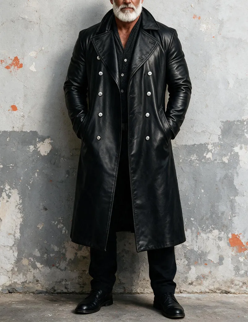 Men Faux Leather Double-Breasted Long Trench Coat Overcoat sold by Ekouaer