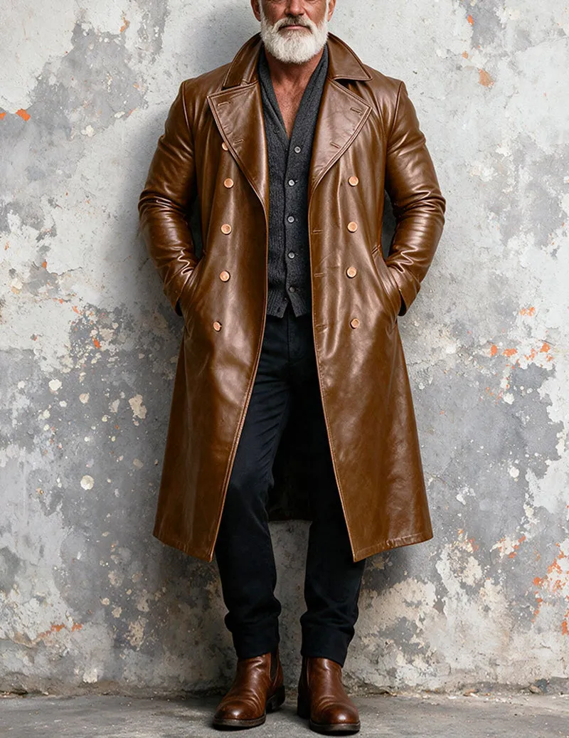 Men Faux Leather Double-Breasted Long Trench Coat Overcoat sold by Ekouaer product image thumbnail 3