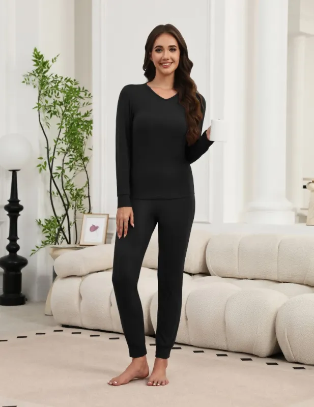 V-Neck Long Sleeve Thermal Underwear Set with Leggings made by Ekouaer