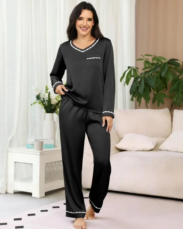 Satin V-Neck Long Sleeve Pajama Set with Contrast Piping made by Ekouaer
