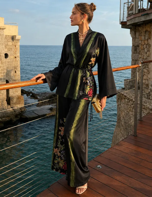 Wrap Front Floral Print Kimono Two-Piece Pajama Set made by Ekouaer