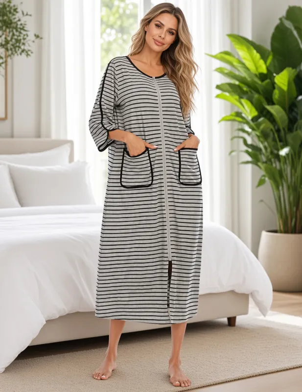 Zip Front Crew Neck Striped Nightgown made by Ekouaer
