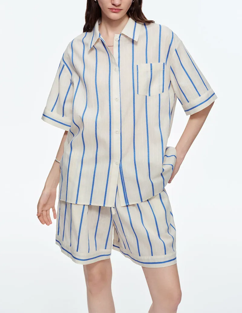 100% Cotton Striped Notch Collar Short Sleeve Pajama Set sold by Ekouaer product image thumbnail 5