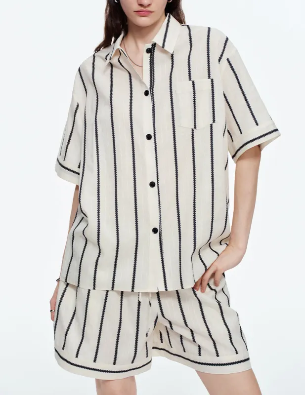 100% Cotton Striped Notch Collar Short Sleeve Pajama Set made by Ekouaer