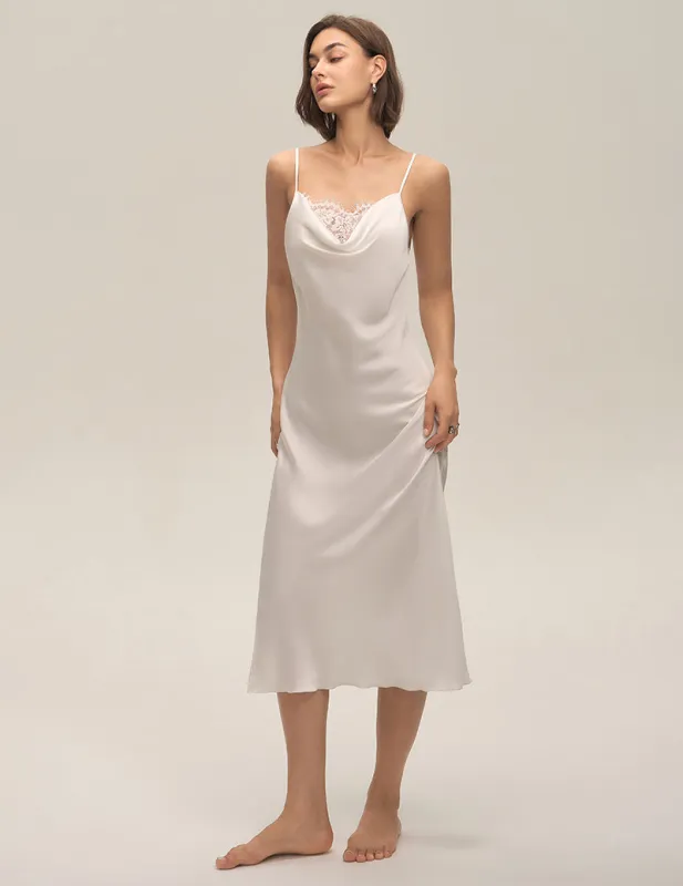 Cowl Neck Lace Trim Satin Slip Nightgown made by Ekouaer