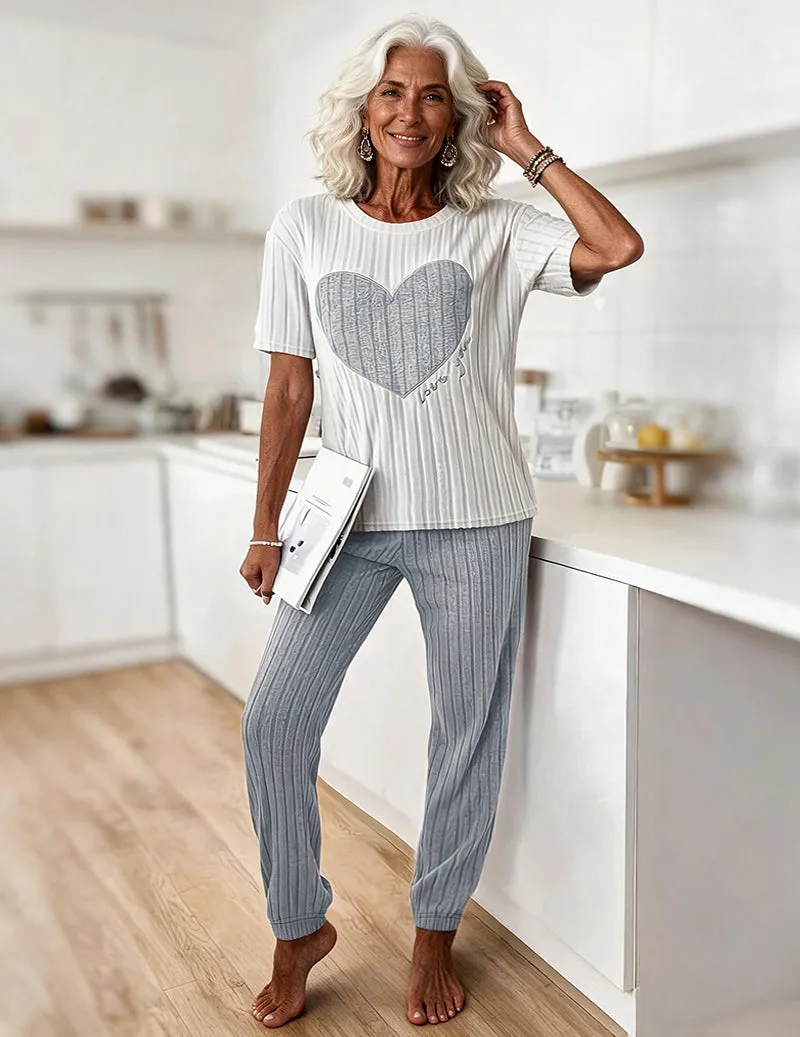 Heart Print Ribbed Knit Round Neck Short Sleeve Top and Capri Pants Two-Piece Loungewear Set sold by Ekouaer