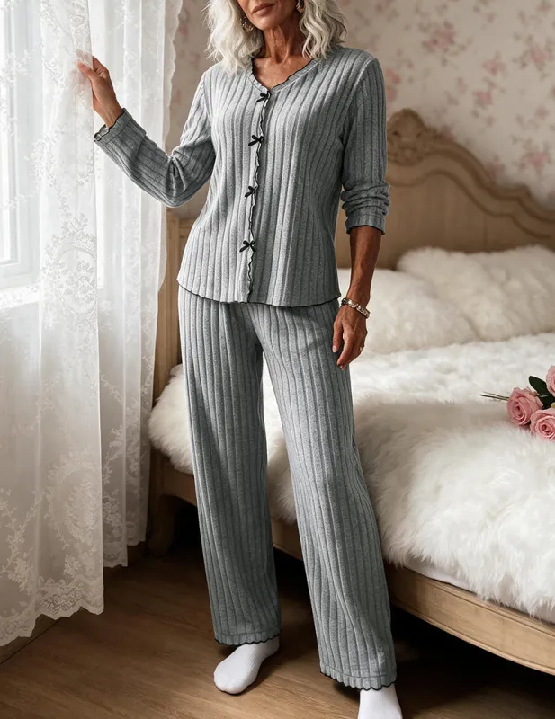 Ribbed Knit V-Neck Button Front Long Sleeve Top and Pants Two-Piece Loungewear Set made by Ekouaer