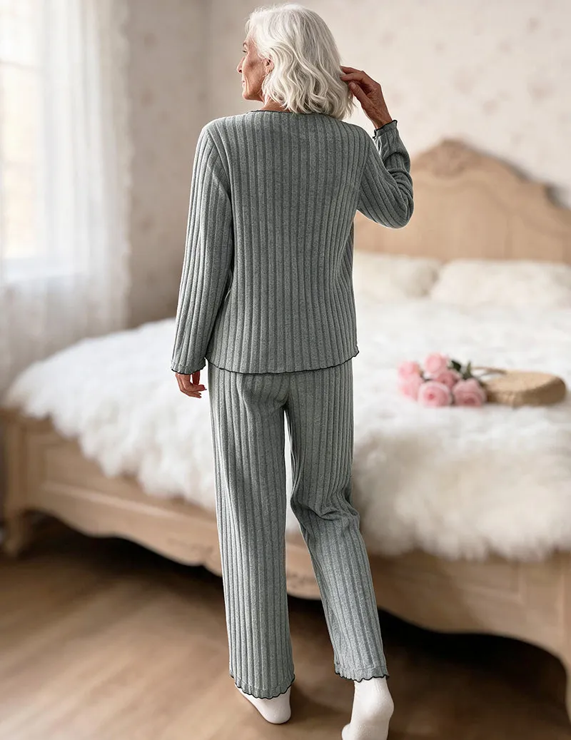 Ribbed Knit V-Neck Button Front Long Sleeve Top and Pants Two-Piece Loungewear Set sold by Ekouaer product image thumbnail 3