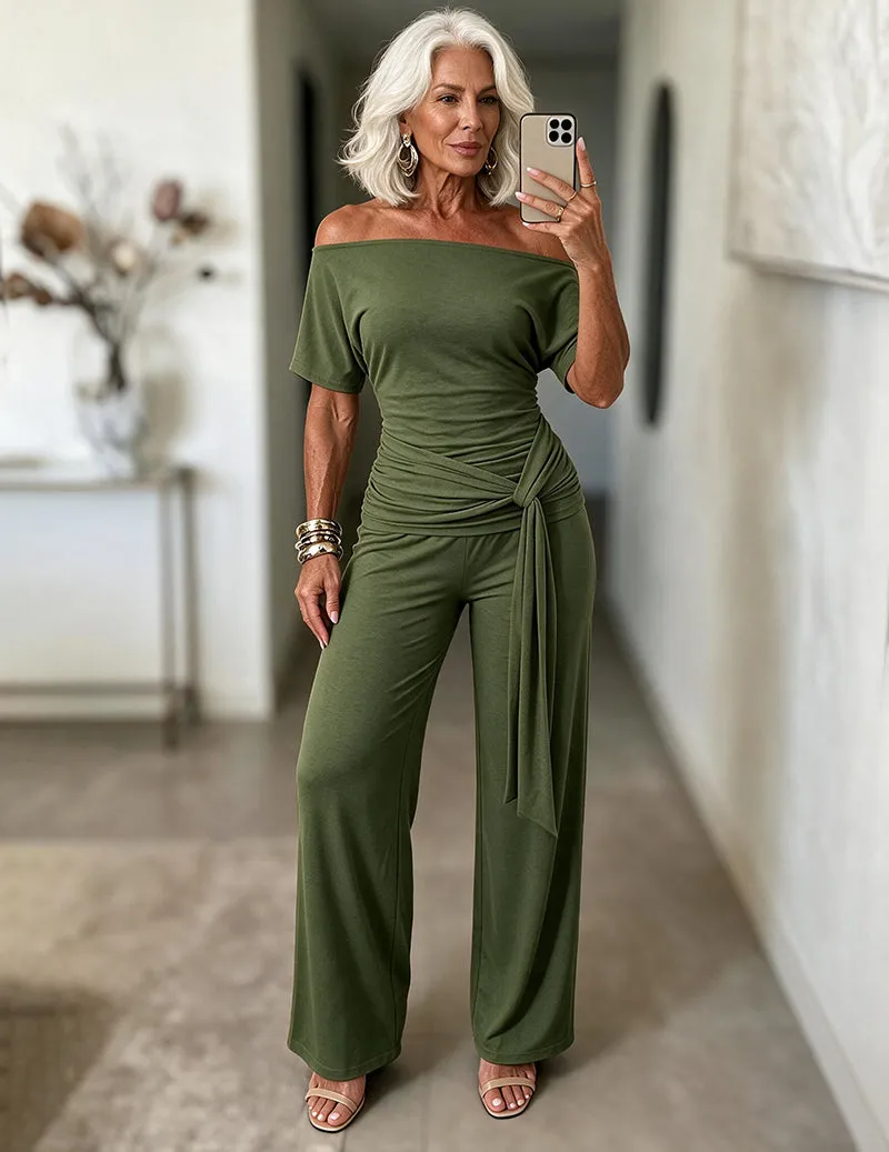 One Shoulder Short Sleeve Side Tie Ruched Top and Wide Leg Pants Two-Piece Casual Set sold by Ekouaer
