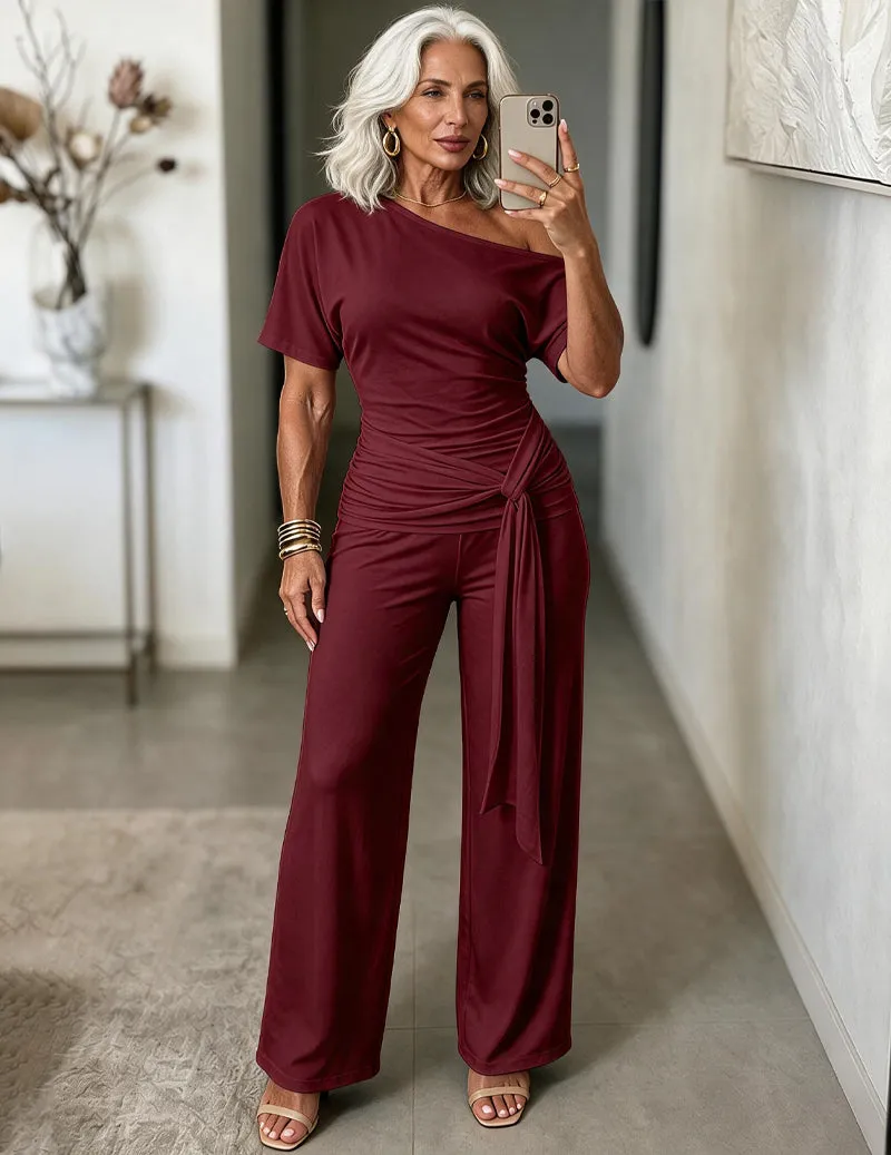 One Shoulder Short Sleeve Side Tie Ruched Top and Wide Leg Pants Two-Piece Casual Set sold by Ekouaer product image thumbnail 4