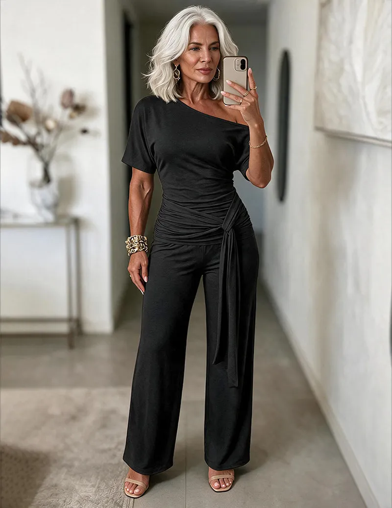 One Shoulder Short Sleeve Side Tie Ruched Top and Wide Leg Pants Two-Piece Casual Set sold by Ekouaer product image thumbnail 2