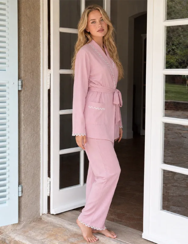 Lace Trim Wrap Front Two-Piece Loungewear Set made by Ekouaer