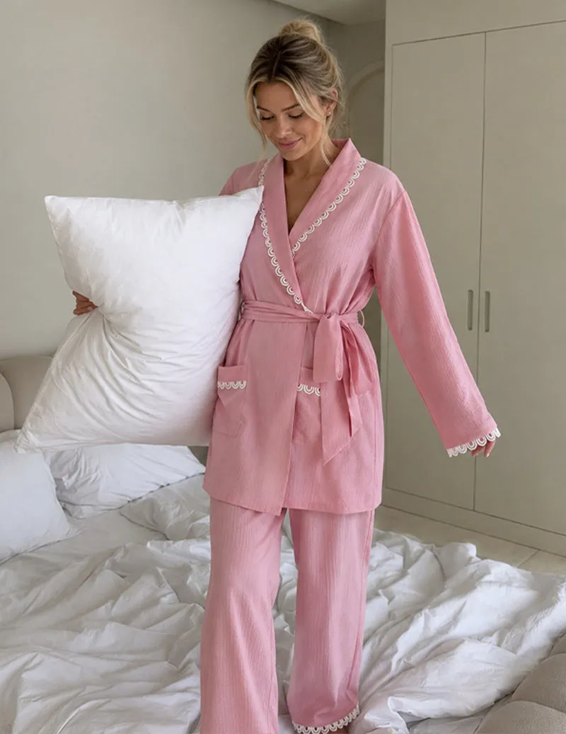 Lace Trim Wrap Front Two-Piece Loungewear Set sold by Ekouaer product image thumbnail 4