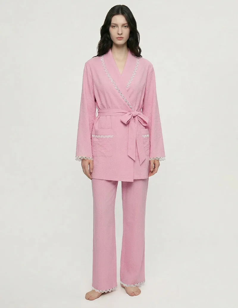 Lace Trim Wrap Front Two-Piece Loungewear Set sold by Ekouaer product image thumbnail 5