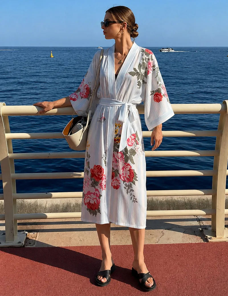 100% Lyocell Floral Print Wrap Tie Front Kimono Robe sold by Ekouaer
