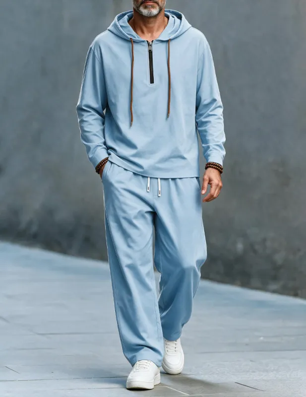 Men Linen Hooded Top & Wide Leg Pants Set made by Ekouaer