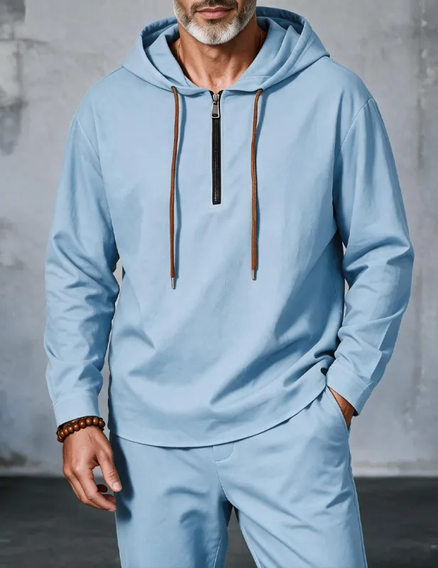 Men Linen Hooded Zip Up Long Sleeve Top made by Ekouaer