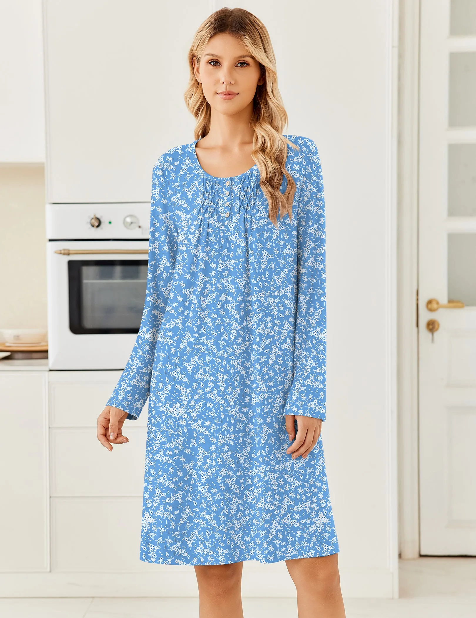 Long Sleeve Knit Nightgown Henley Button Pleated Sleepshirt sold by Ekouaer product image thumbnail 4