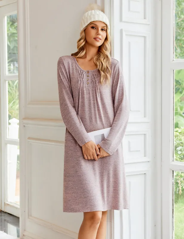 Long Sleeve Knit Nightgown Henley Button Pleated Sleepshirt made by Ekouaer