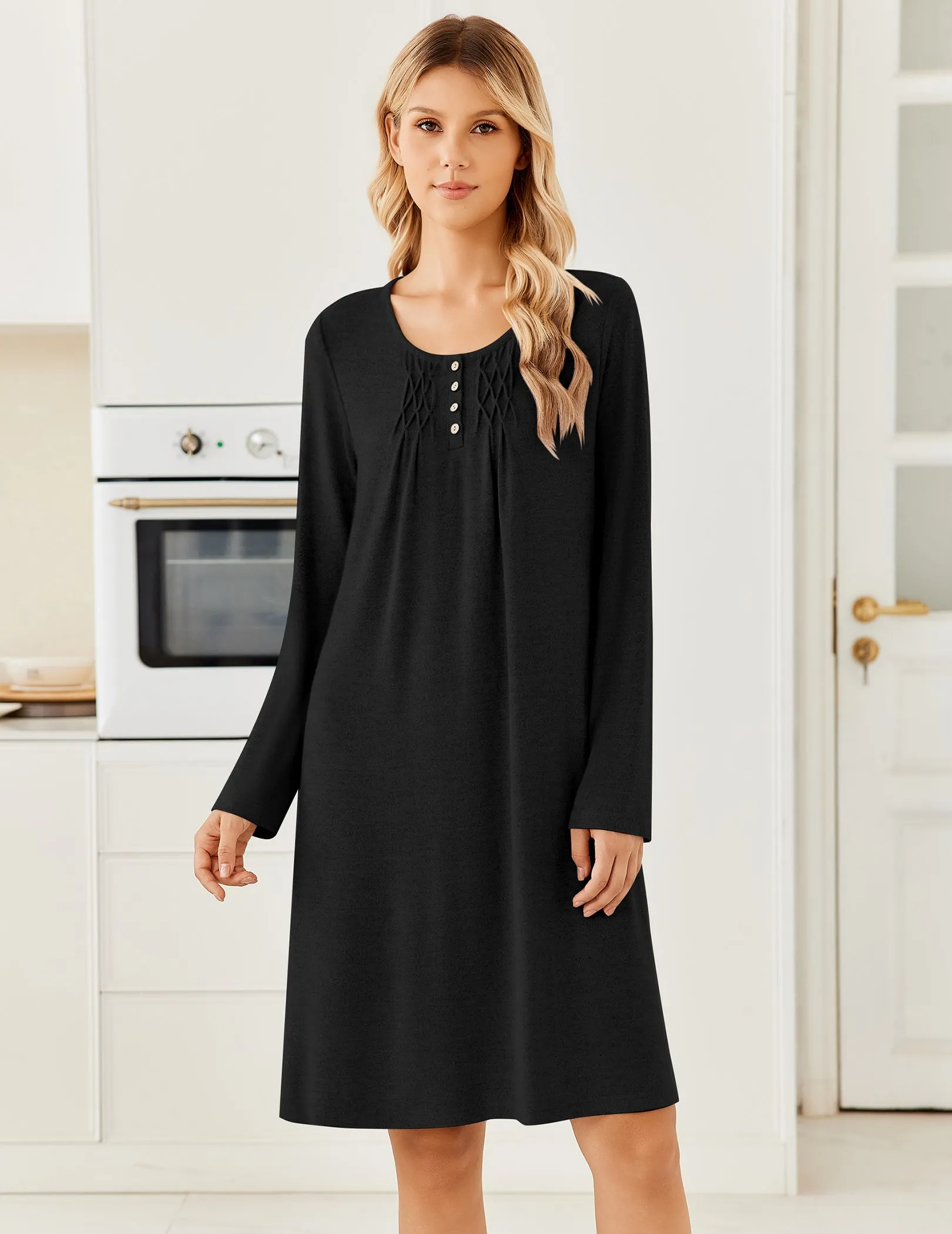Long Sleeve Knit Nightgown Henley Button Pleated Sleepshirt sold by Ekouaer product image thumbnail 2