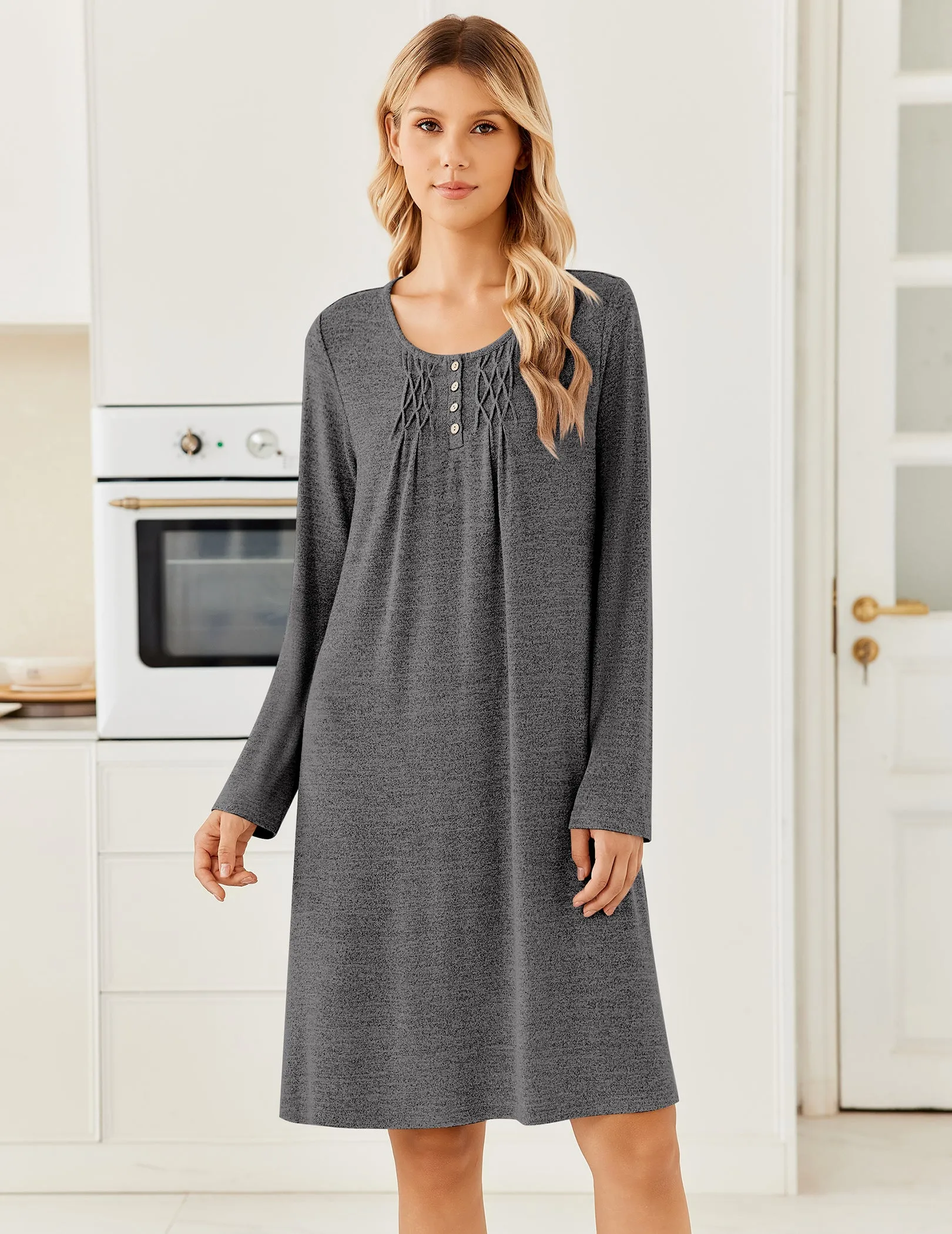 Long Sleeve Knit Nightgown Henley Button Pleated Sleepshirt sold by Ekouaer product image thumbnail 3