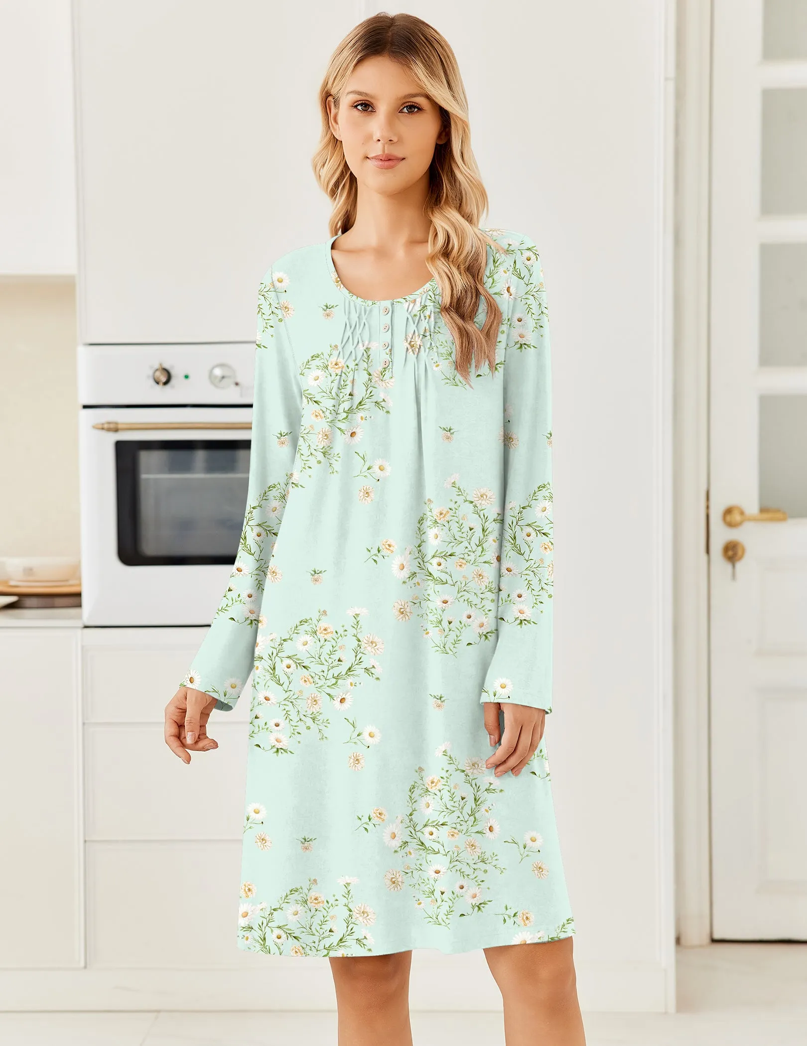 Long Sleeve Knit Nightgown Henley Button Pleated Sleepshirt sold by Ekouaer product image thumbnail 5