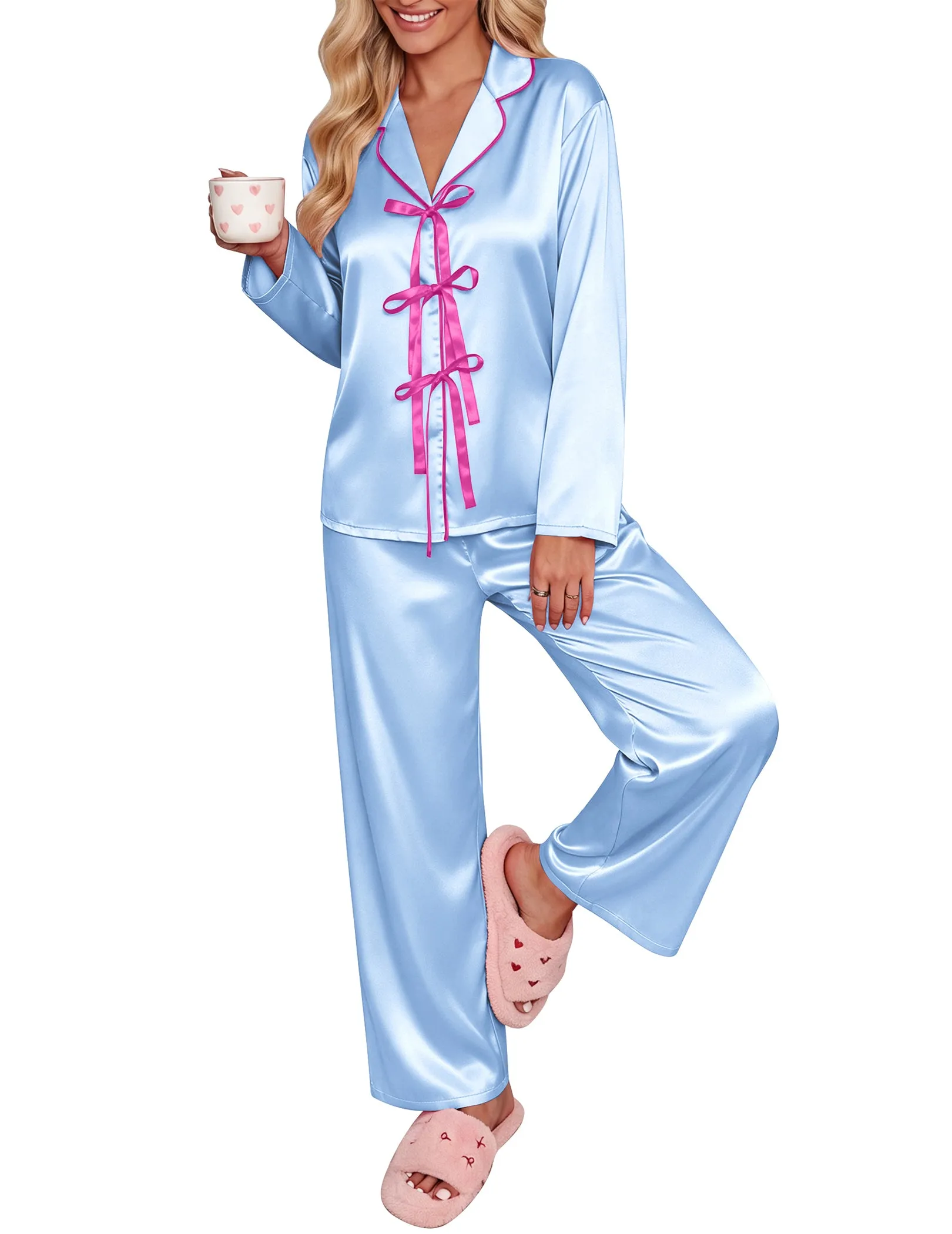 Satin Pajama Set Long Sleeve Bow Tie Notch Collar Lounge Set with Pockets sold by Ekouaer product image thumbnail 4
