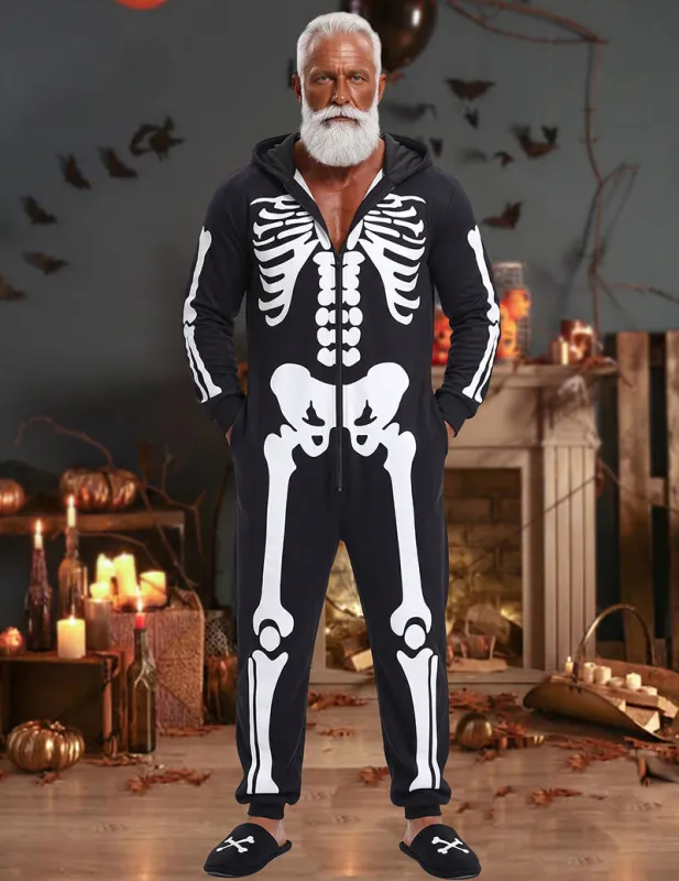 Men Halloween Skeleton Print Hooded Zip Front Jumpsuit Onesie made by Ekouaer