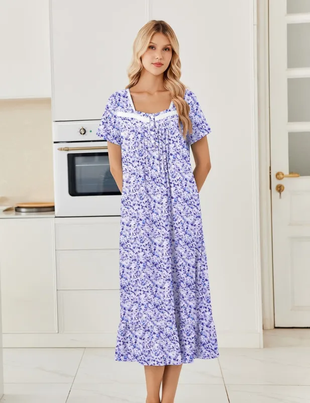 Ekouaer Cotton Button-Front Long Nightgown with Lace Trim made by Ekouaer