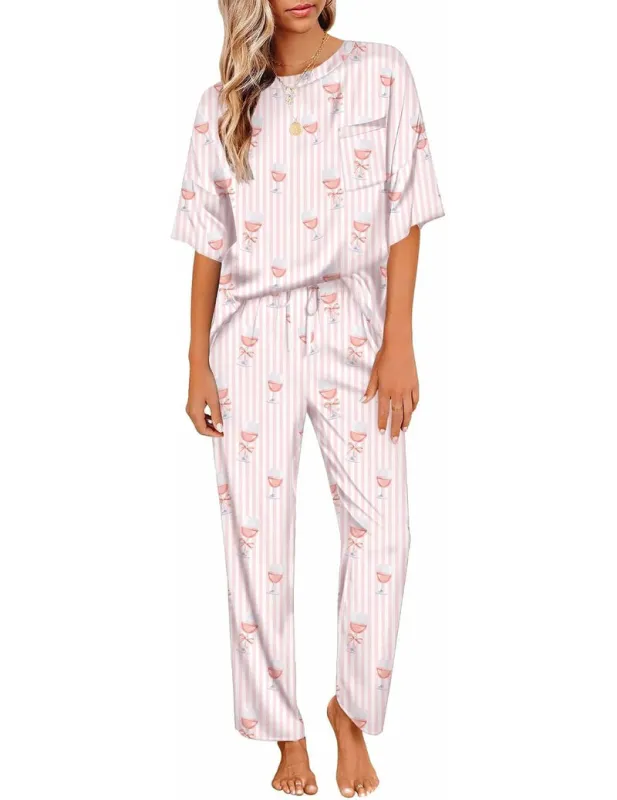 Silky Satin Short Sleeve Top & Wide Leg Pants 2-Piece Lounge Set made by Ekouaer