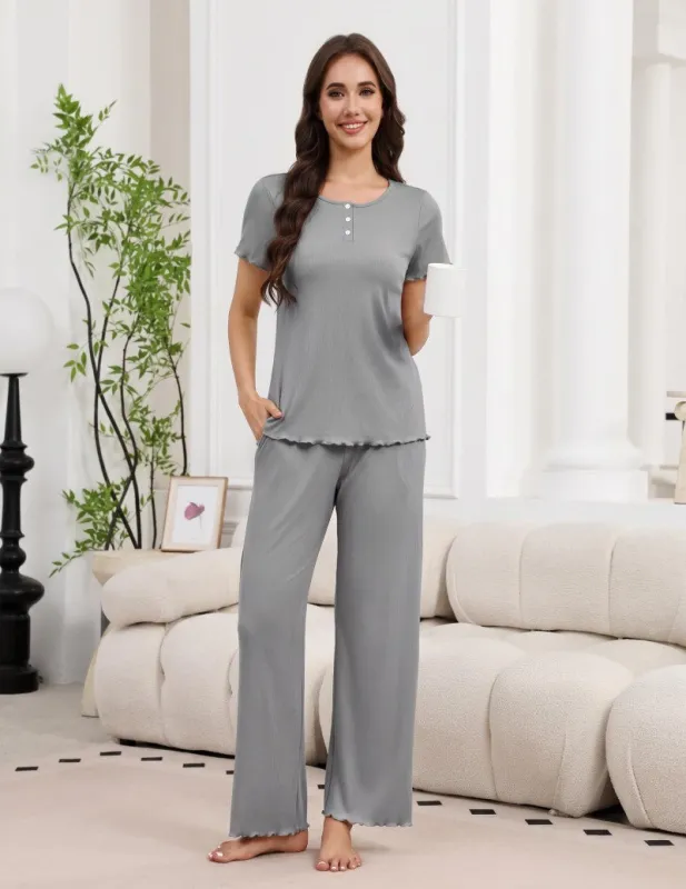 2-Piece Ribbed Henley Pajama Set | Short Sleeve Top & Wide Leg Pants made by Ekouaer